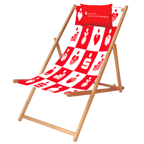 rot und weißer Liegestuhl mit Sparkassen Logo