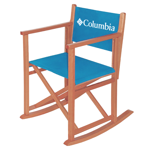 Regiestuhl bedrucken - Variante blauer Schaukelstuhl aus Holz mit Columbia Logo
