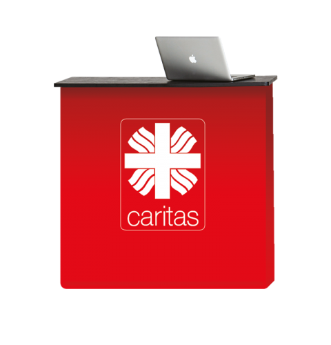 Rote Werbetheke mit Caritas Logo