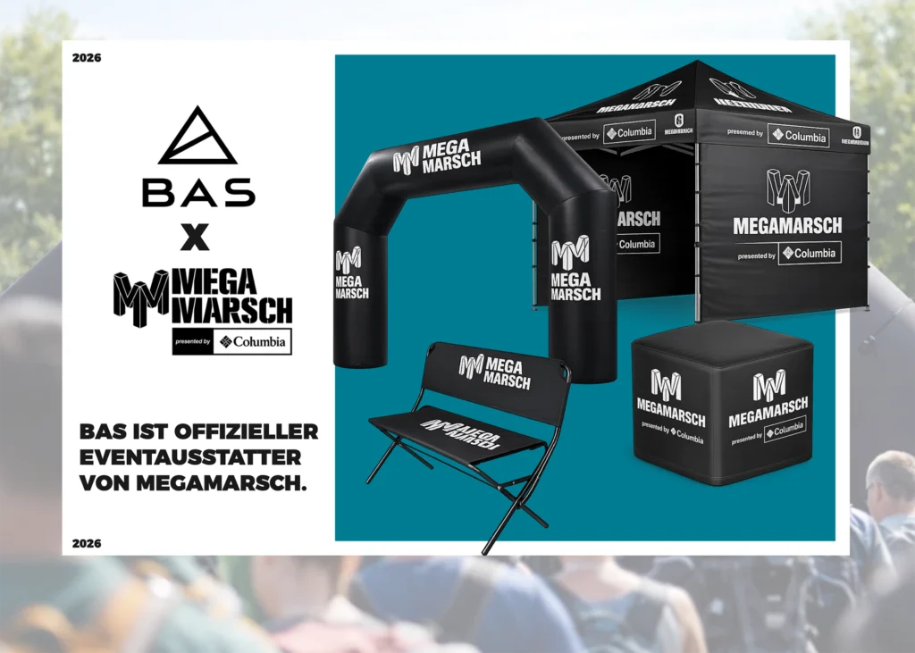 Eventausstattung Megamarsch von BAS-Innovation mit Startbögen, Faltzelten, Flatcups und Logobänken