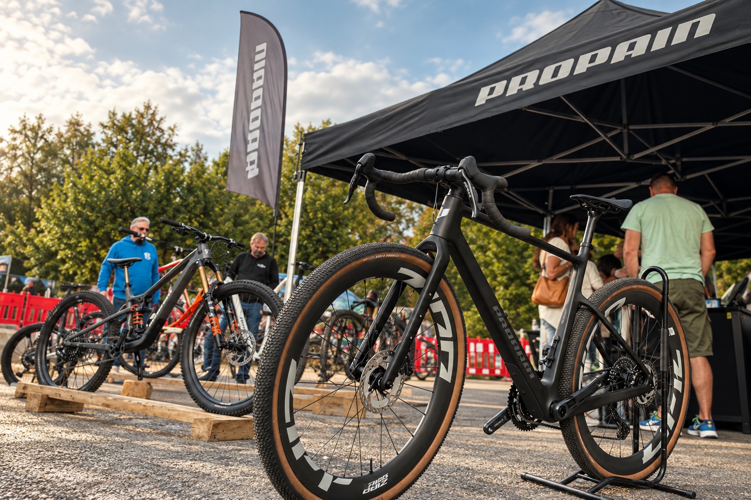 Bikes im Vordergrund mit PROPAIN-Zelt und Besuchern dahinter