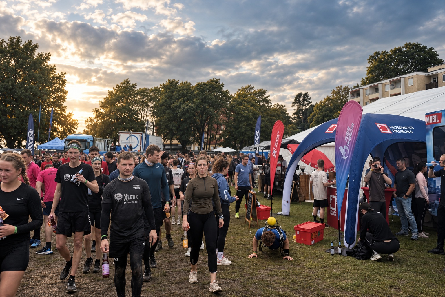 Besucher zwischen Zelten und Fahnen im XLETIX-Eventbereich