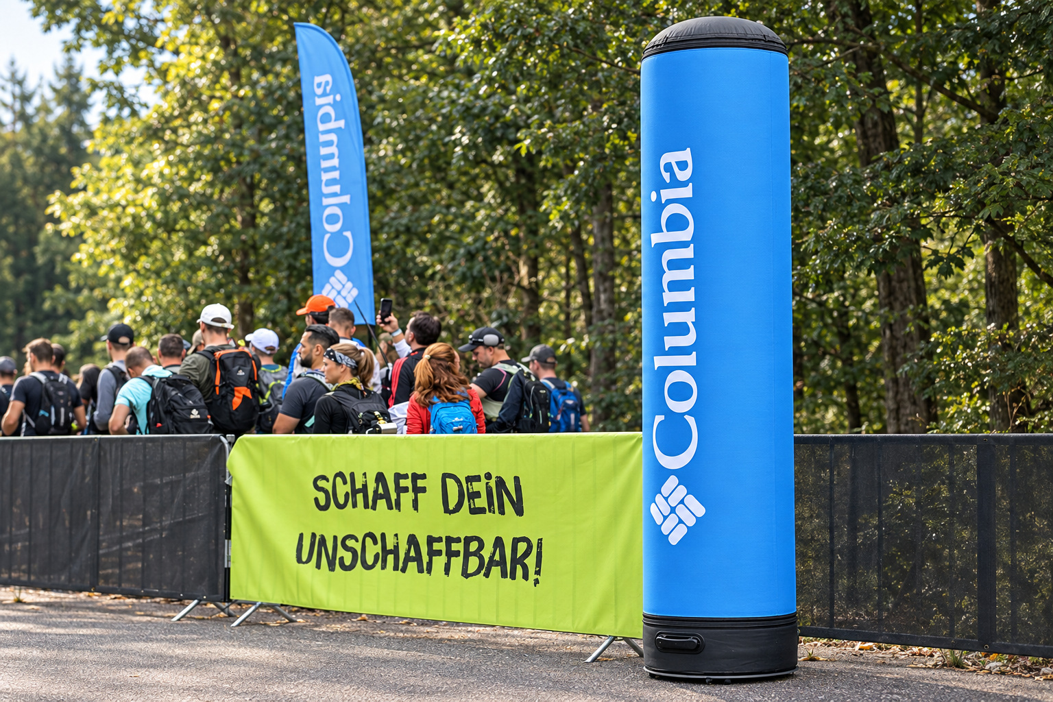 Columbia-Werbesäule neben Teilnehmenden beim Megamarsch Köln 2026